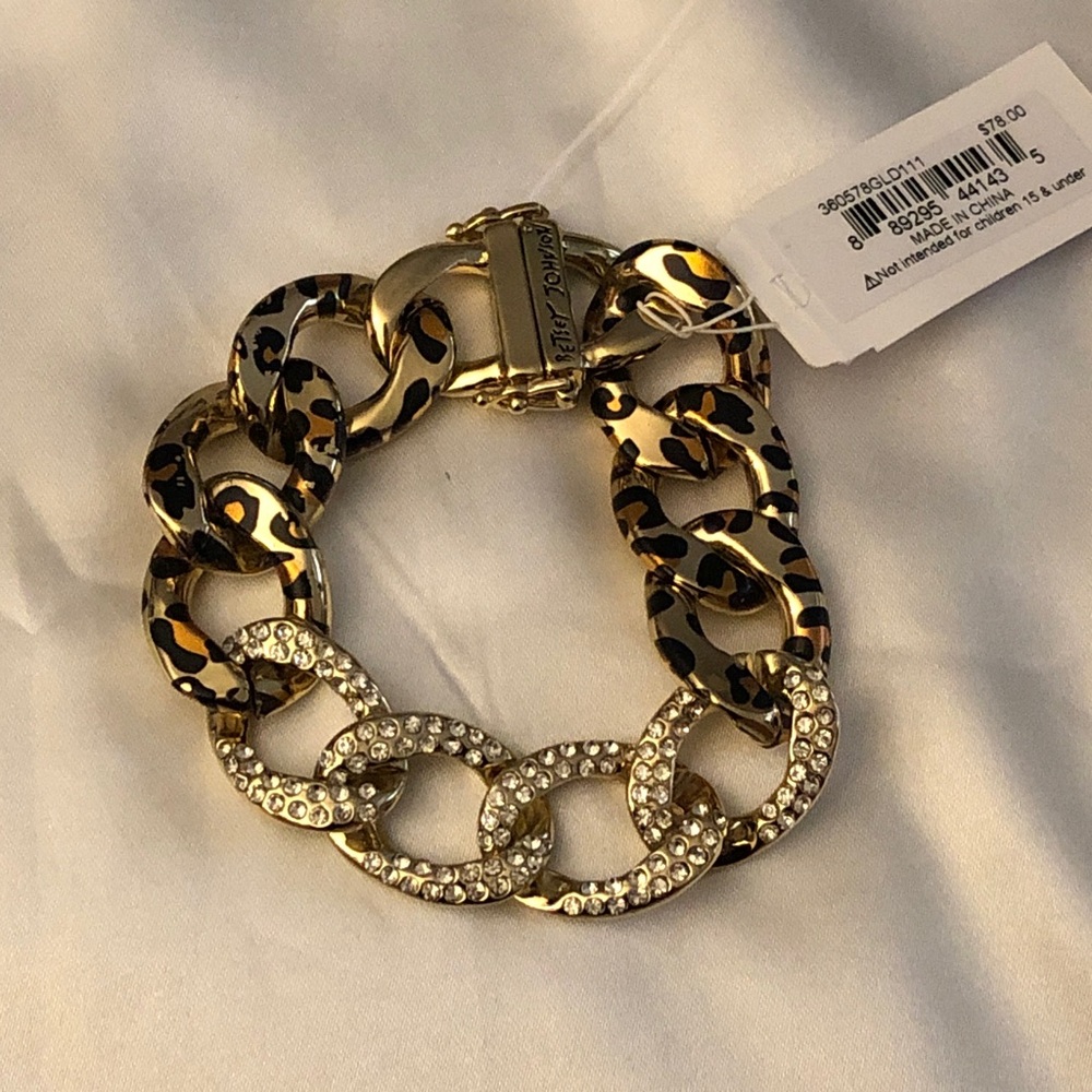Betsey Johnson Gold Tone Leopard Print & Pave Crystal Chunky Link Bracelet NWT